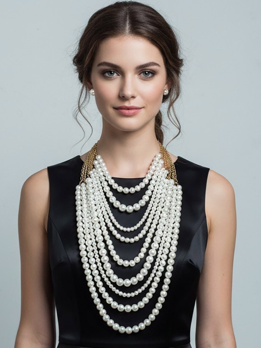 Multi-Layer Pearl Statement Necklace in White with Gold Chains - Picture 2 of 4
